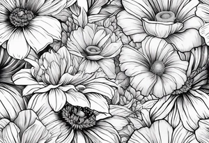 A single daisy and a rose with poppies and gladiolus flowers weaving through the daisy and rose tattoo idea