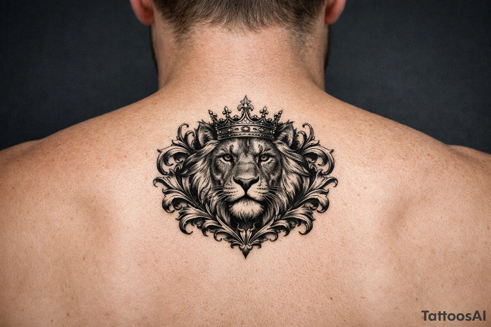 powerful majestic lion with a crown, framed by ornate floral scrollwork tattoo idea