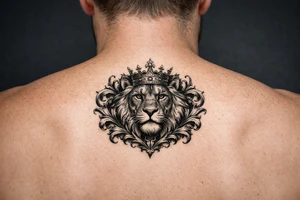 powerful majestic lion with a crown, framed by ornate floral scrollwork tattoo idea