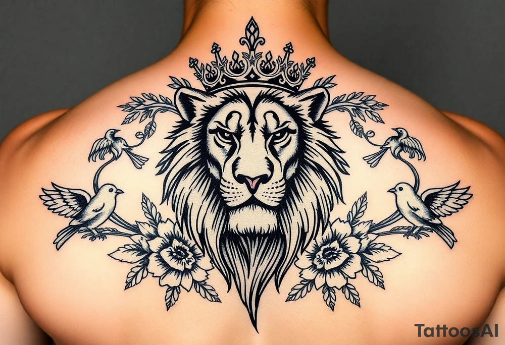 powerful majestic lion with a crown, surrounded by floral ornaments and birds tattoo idea
