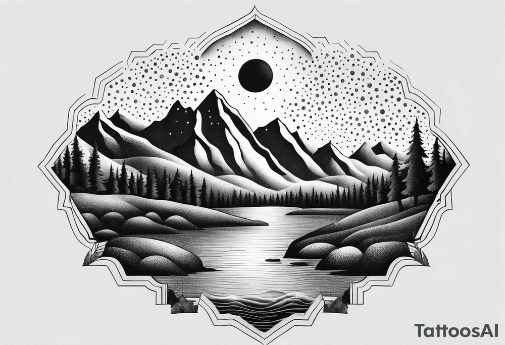 mountains, lake, yurt, sun, road tattoo idea