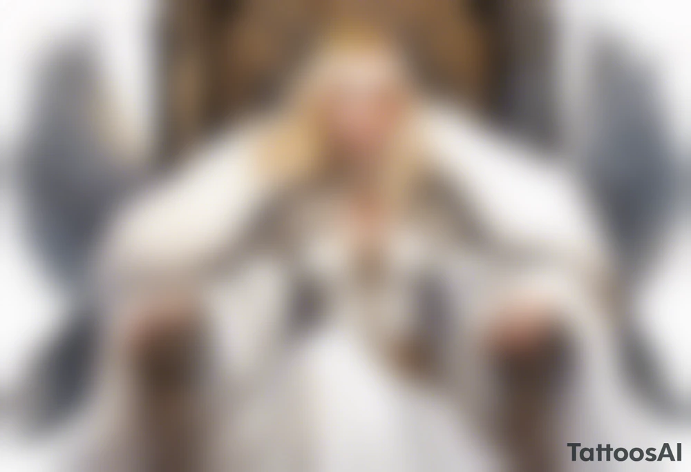 a 40-year-old medieval queen with blonde hair wearing a white fur cloak sitting on a throne with a dove on her shoulder tattoo idea