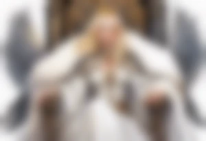 a 40-year-old medieval queen with blonde hair wearing a white fur cloak sitting on a throne with a dove on her shoulder tattoo idea