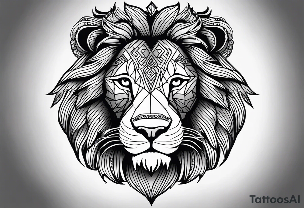 A full tattoo sleeve designed with a strong, masculine aesthetic, featuring a powerful lion as the centerpiece. The lion, symbolizing strength, courage, and leadership, is depicted with intricate detail and dynamic shading, capturing its fierce expression and majestic mane. Surrounding the lion, incorporate geometric patterns that add structure and contrast to the design. These patterns are bold and angular, creating a sense of order and symmetry that complements the natural form of the lion. The geometric elements are woven around the lion, emphasizing its central position while providing a modern, edgy backdrop. The shading throughout the sleeve is deep and dramatic, enhancing the contrast between the organic features of the lion and the precise lines of the geometric patterns. The overall design is bold, intense, and visually striking, combining the raw power of the lion with the clean, ordered aesthetic of geometric patterns for a cohesive and masculine tattoo sleeve. tattoo idea