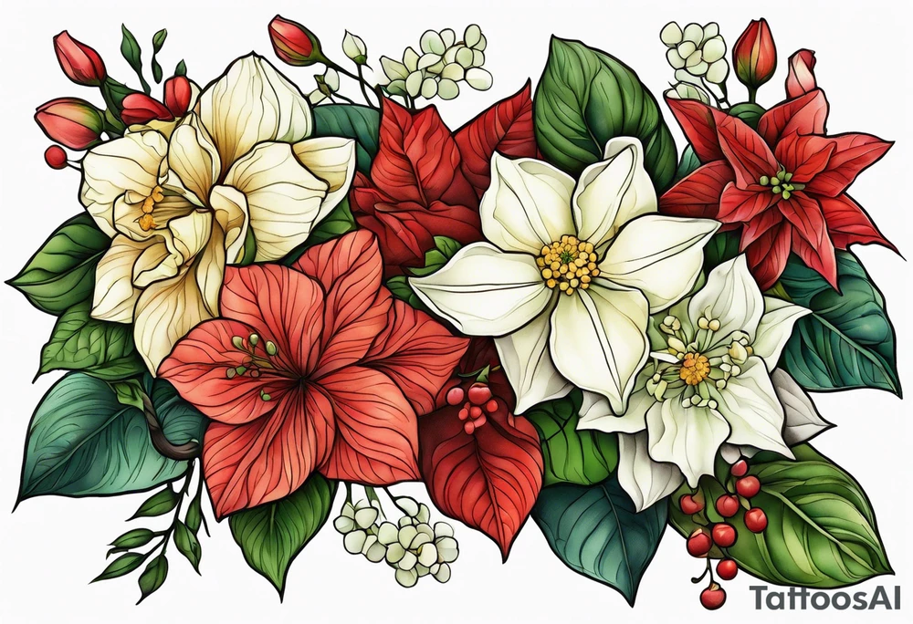 Hydrangea, Narcissus, Poinsettia, Holly, Gladiolus, Poppy, Daisy, Sweet Pea floral tattoo idea