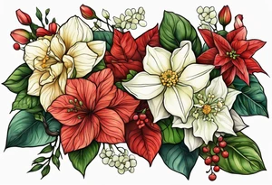Hydrangea, Narcissus, Poinsettia, Holly, Gladiolus, Poppy, Daisy, Sweet Pea floral tattoo idea