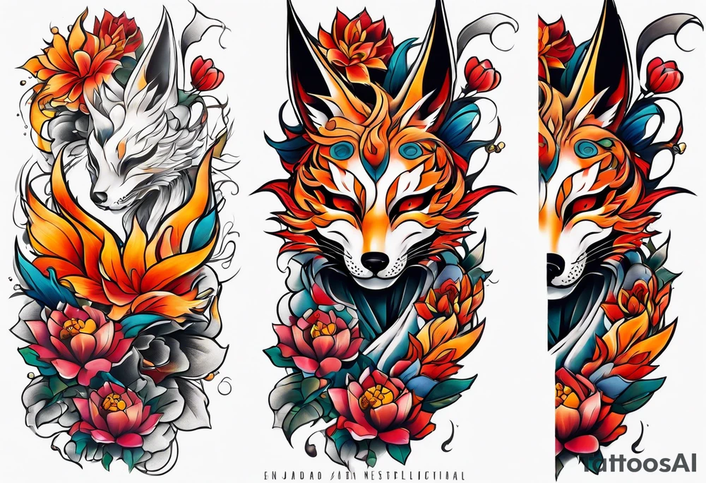 Neotraditional tattoo sleeve with a destroyed mask with flowers and kitsune coming out of it tattoo idea