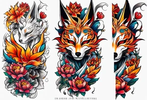 Neotraditional tattoo sleeve with a destroyed mask with flowers and kitsune coming out of it tattoo idea