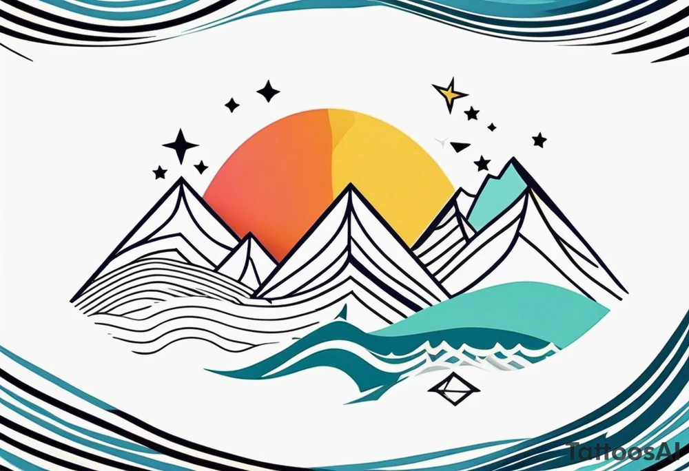 Mountain Massif, one Peak, only peak surrounded woth semi circle dashed Line, in semi circle two littel fine Stars coloured, waves overlapping in Side, Open geometrical Forms Like Diamond with Open lines tattoo idea