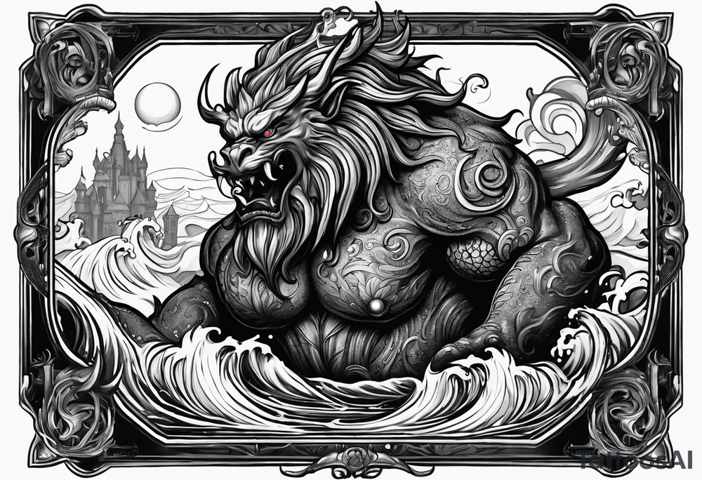 Aquarius water bearer monster. Dark. With a gothic frame and mythological creatures. tattoo idea
