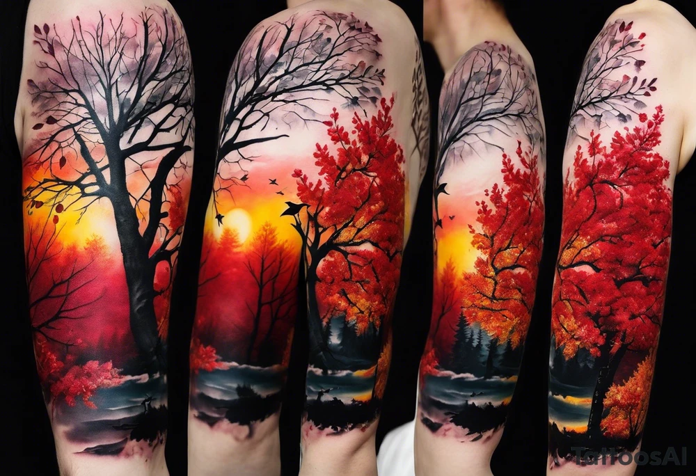 trash polka style. Arm tattoo. chest tattoo. Long tattoo. large tattoo. Full sleeve. Shoulder. A single large maple tree with red autumn leaves that branches upwards from wrist to shoulder. White-throated dipper bird on the trees branches. Calluna flowers at the base of the trees stem. Red/yellow sunset behind the trees stem. Leaves falling. tattoo idea