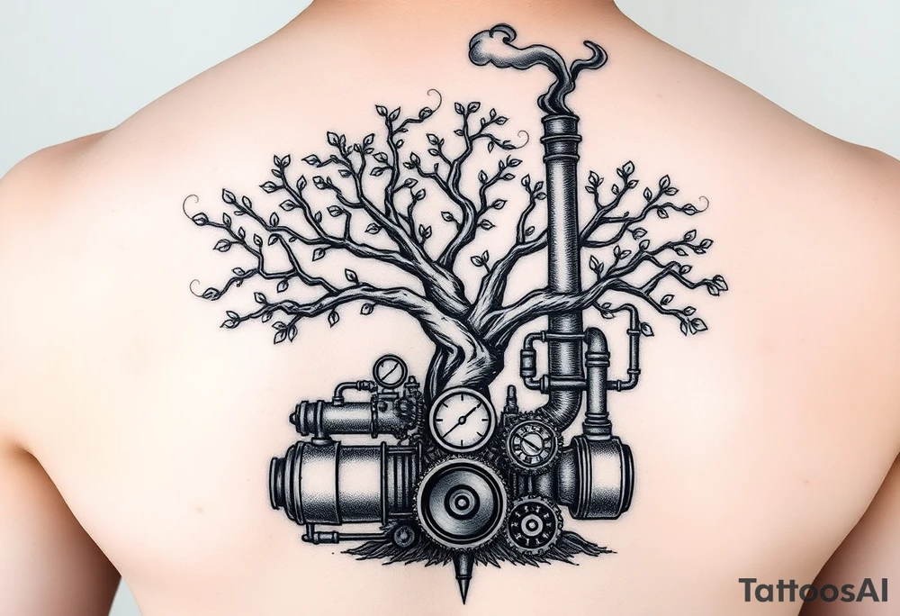 tree growing out of a v shaped engine with lots of pipes, guages and steam around the engine 
 with a smoke stack coming out of the top of the tree that has several little branches with leaves on it 
 billowing black smoke with a steam punk vibe tattoo idea
