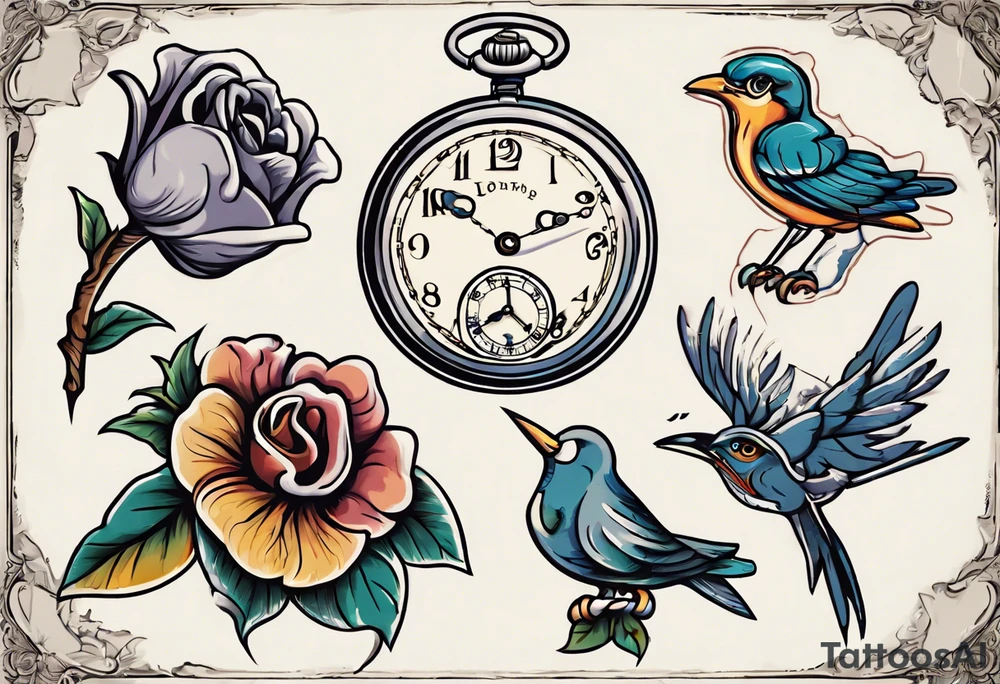 pocket watch, map , flower , bird tattoo idea