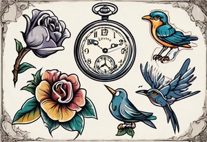 pocket watch, map , flower , bird tattoo idea
