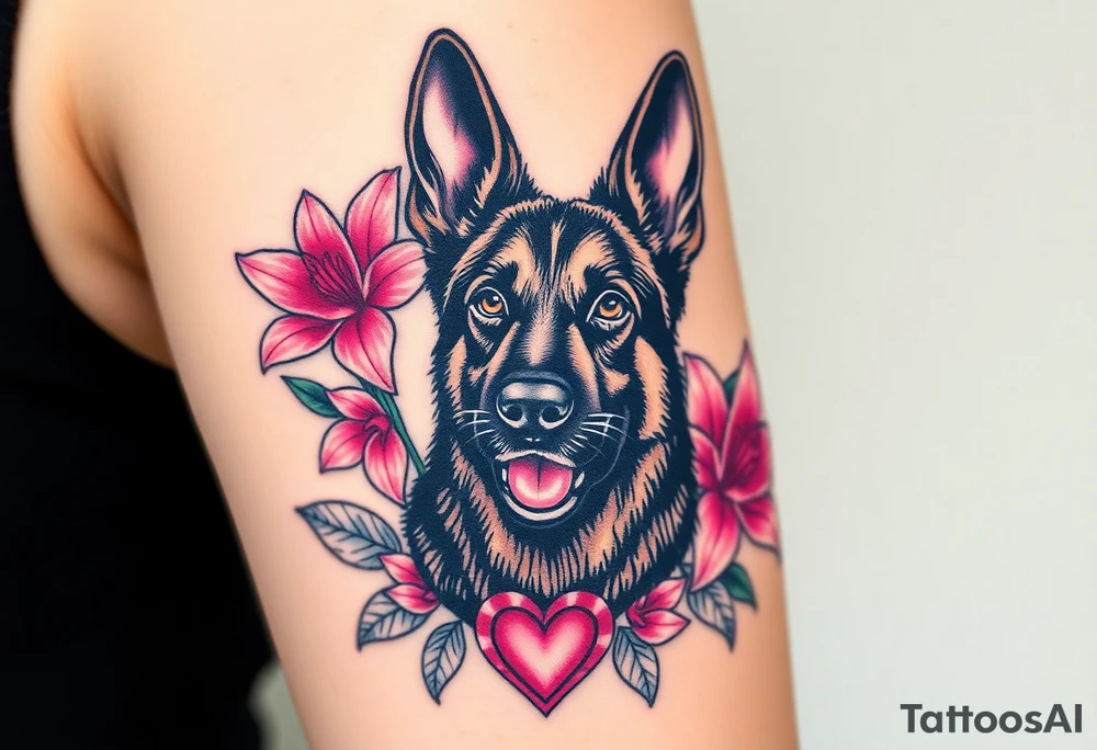 strong short haired german shepherd with alert ears surrounded by pink lilies with large leaves with a small sacred heart below tattoo idea