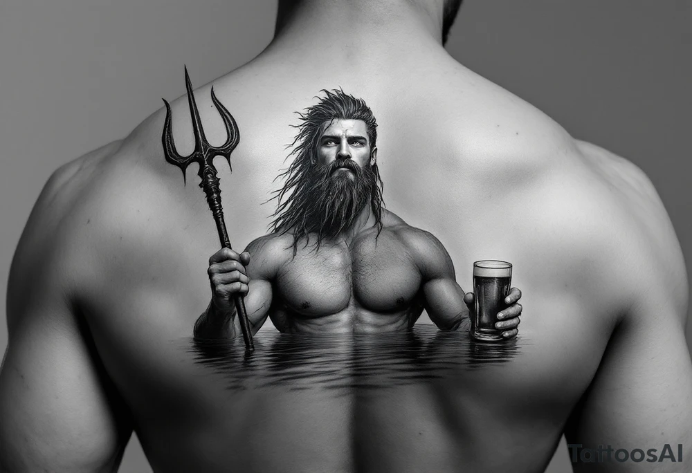 young, fit poseidon in calm water, holding a trident, holding a beer, looking at you tattoo idea