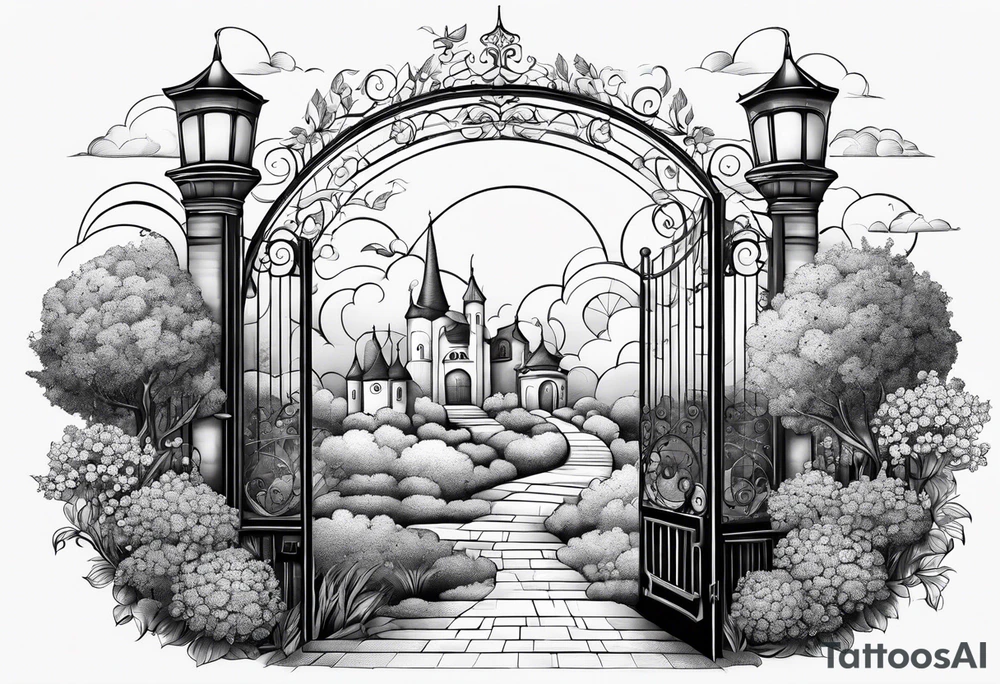 sky town garden with towers small houses gate entrance
in circle white clouds vignette tattoo idea