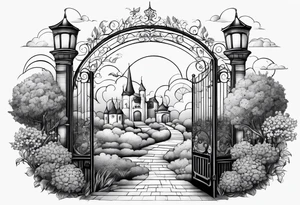 sky town garden with towers small houses gate entrance 
 in circle white clouds  vignette tattoo idea