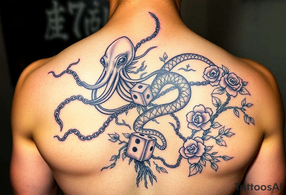Squid and dragon combined with chains, tree roots, cherry blossoms and roses rolling dice tattoo idea