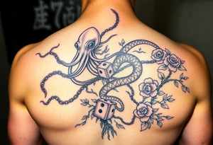 Squid and dragon combined with chains, tree roots, cherry blossoms and roses rolling dice tattoo idea