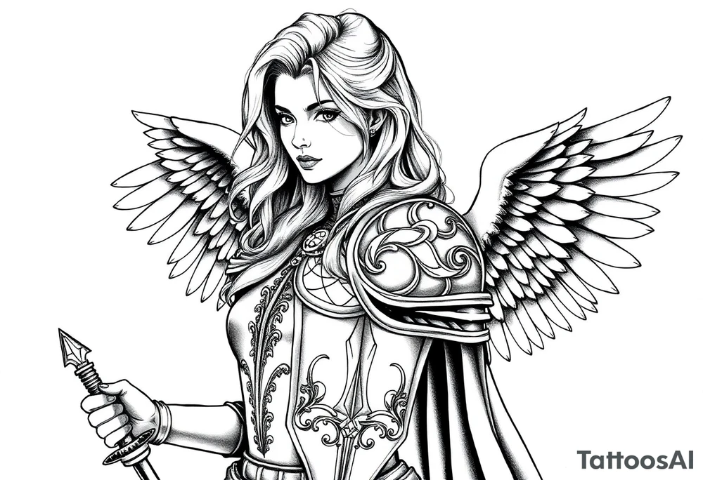 femme blonde cheveux long ondulé, en armure de chevalier tenant épée à la mais et de grandes ailes d'anges déployées tattoo idea