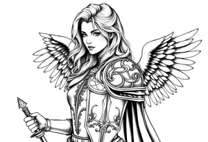 femme blonde cheveux long ondulé, en armure de chevalier tenant épée à la mais et de grandes ailes d'anges déployées tattoo idea