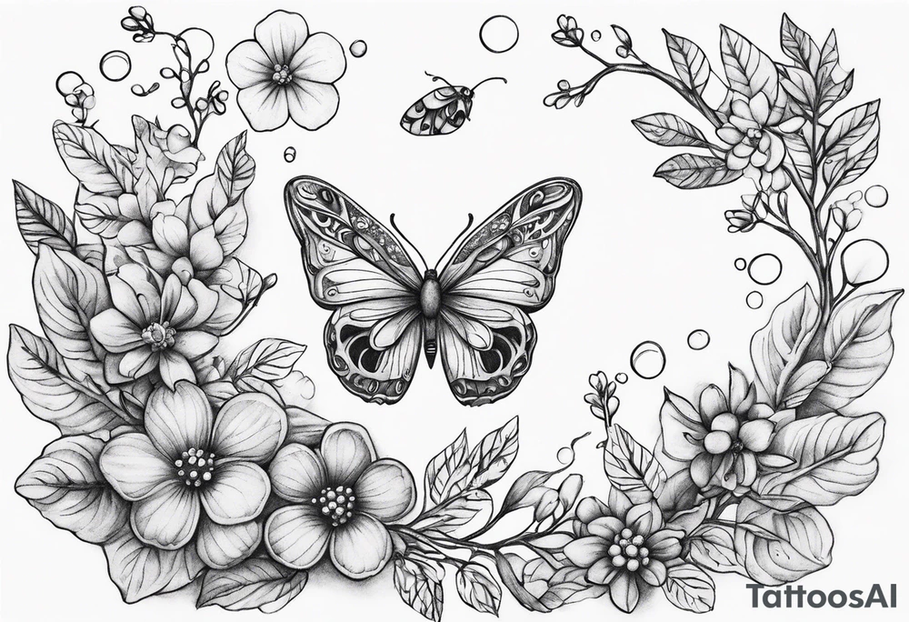 Winding branches and leaves and tiny flowers with a small moth and bubbles tattoo idea