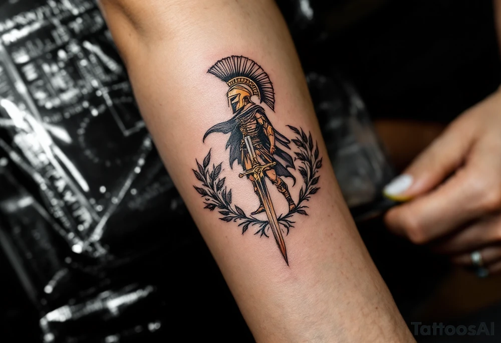 gladiator standing colosseum interior combat sword helmet cape sand wind tattoo idea