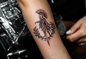 gladiator standing colosseum interior combat sword helmet cape sand wind tattoo idea