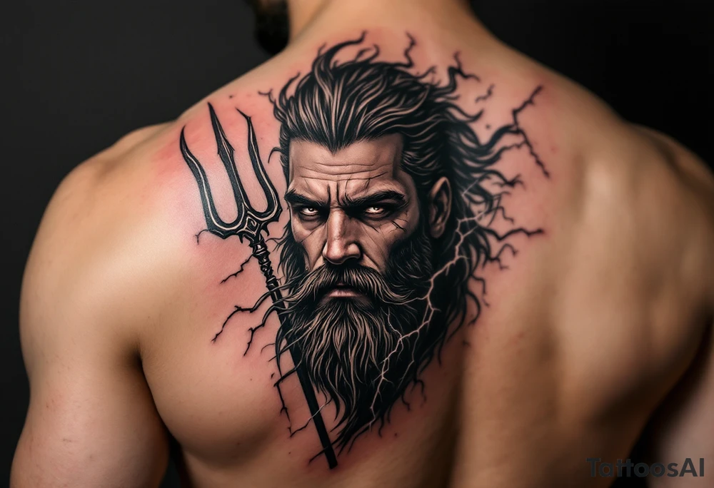 fit poseidon, behind a trident, with lightning tattoo idea