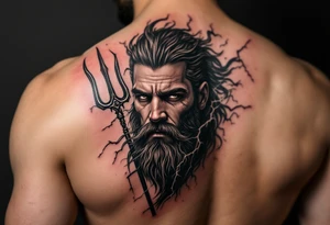 fit poseidon, behind a trident, with lightning tattoo idea