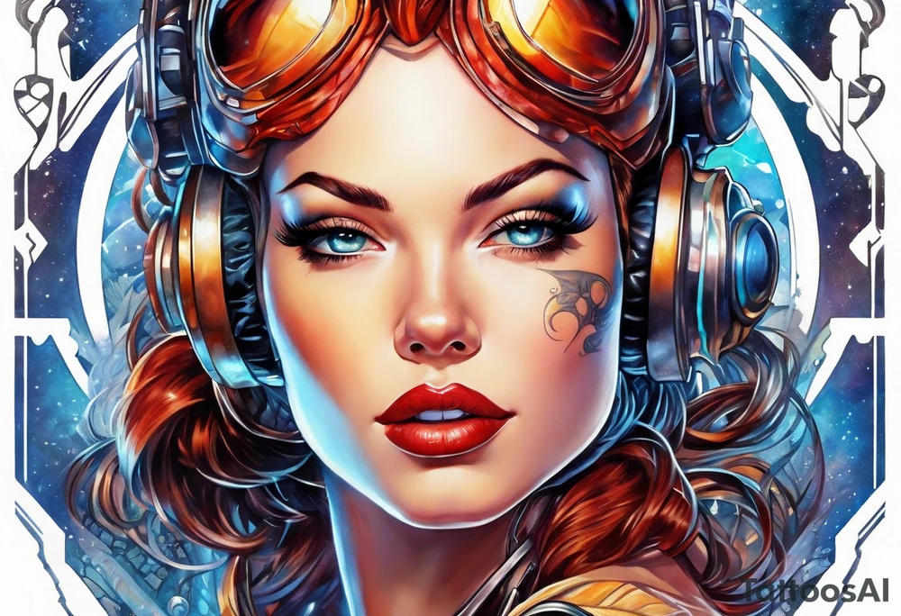 cyborg pinup girl, retro futurism, smooth skin, no tattoos tattoo idea