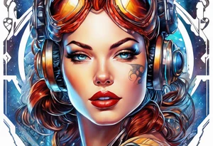 cyborg pinup girl, retro futurism, smooth skin, no tattoos tattoo idea