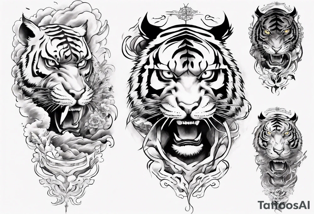 Tiger Warrior sleeve tattoo with lightning and the sun
Forearm sleeve tattoo idea