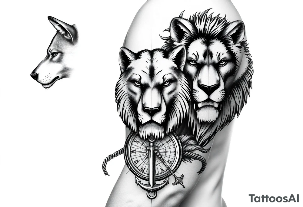 portions wolf, bear, lion, faces; surrounded by a broken old school compass with a rope and anchor on the bottom tattoo idea