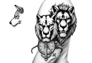 portions wolf, bear, lion, faces; surrounded by a broken old school compass with a rope and anchor on the bottom tattoo idea