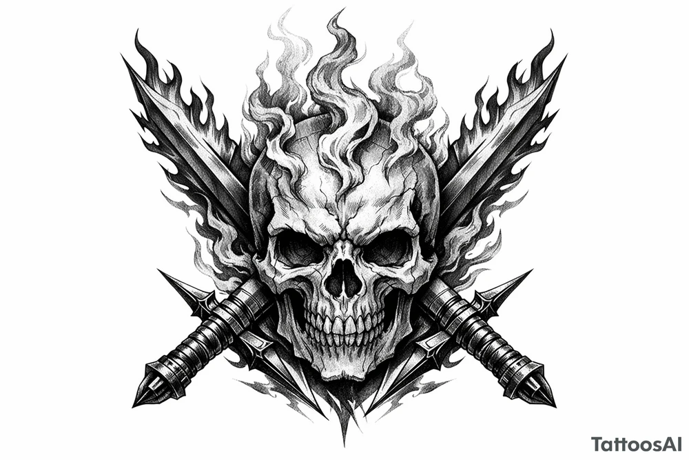 A stylized skull with smoke tendrils rising, framed by fiery sword blades. tattoo idea