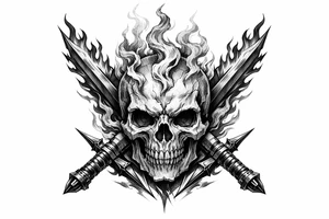 A stylized skull with smoke tendrils rising, framed by fiery sword blades. tattoo idea