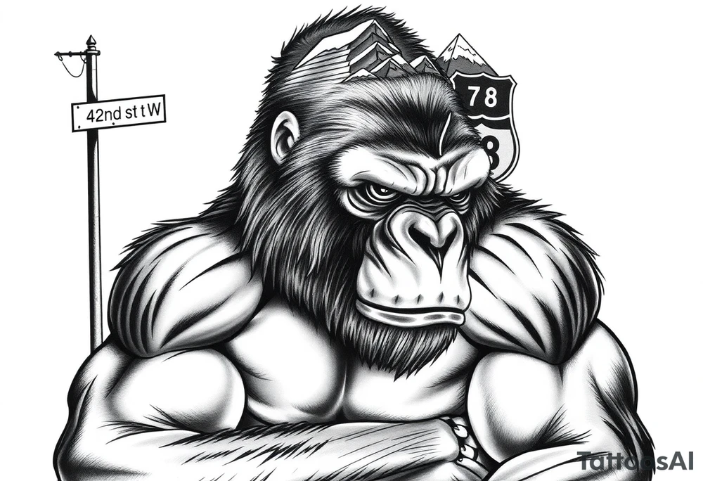 powerful aggressive gorilla with a street sign with a pole on the left that says 42nd st w, a highway sign on the right that says highway 78 and pyramids above the ape’s head that have snow on them all in close proximity. tattoo idea