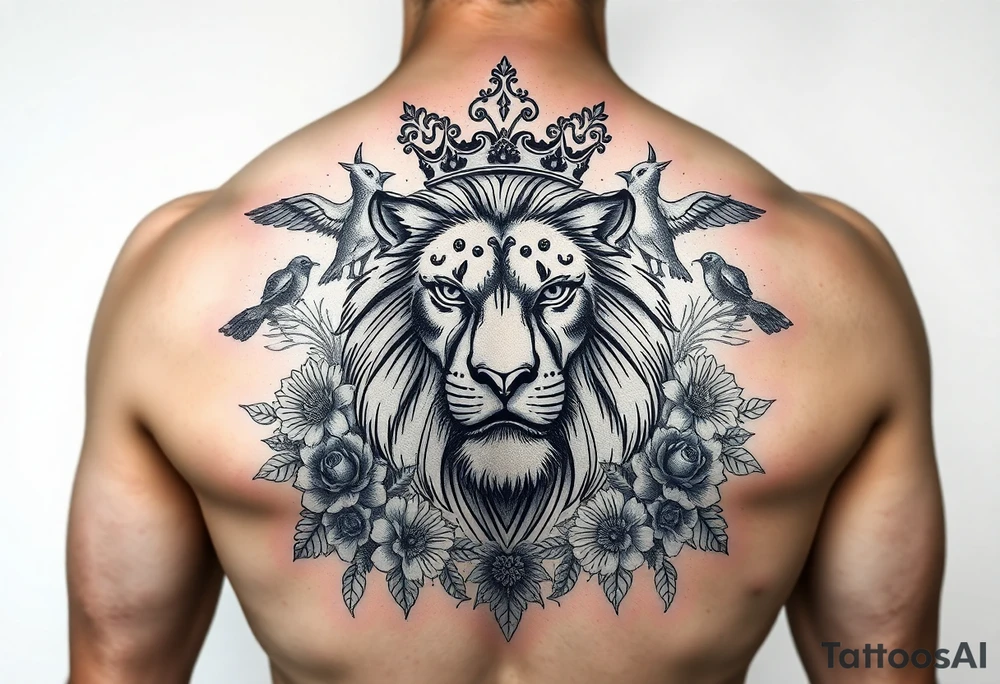 powerful majestic lion with a crown, surrounded by floral ornaments and birds tattoo idea