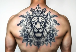 powerful majestic lion with a crown, surrounded by floral ornaments and birds tattoo idea