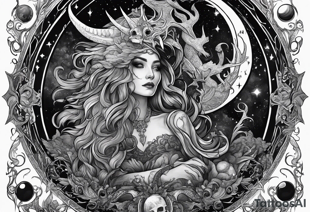Beautiful Eldridge horror creature, astrology scene tattoo idea