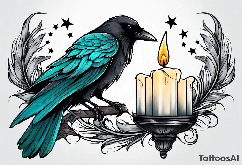 Gothic crow with teal and black feathers flying holding a candle with a star lite background tattoo idea