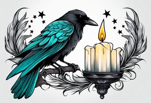 Gothic crow with teal and black feathers flying holding a candle with a star lite background tattoo idea