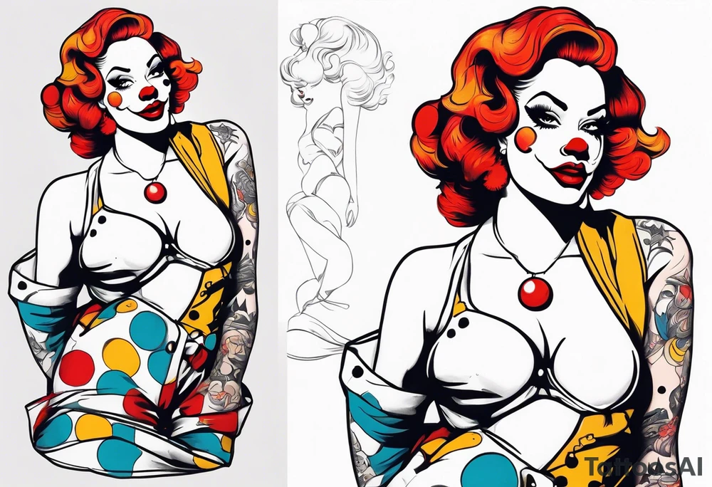 pin up style clown woman full body tattoo idea