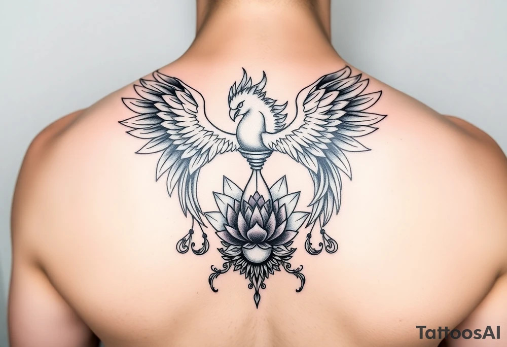 the phoenix and hour glass with lotus flower in kintsugi heart design tattoo idea