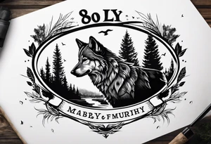 2 baby footprint with the name Murphy above and the date 8/9/23 below the foot prints. Father wolf looking over a baby wolf with nature background tattoo idea
