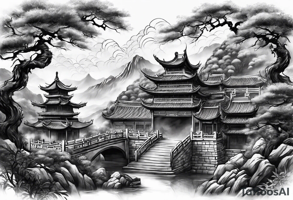 Chinese wall, realistic,chinese art, surroundings tattoo idea
