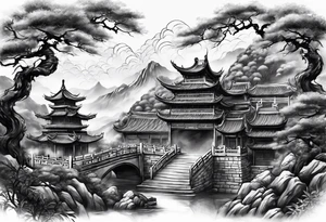 Chinese wall, realistic,chinese art, surroundings tattoo idea