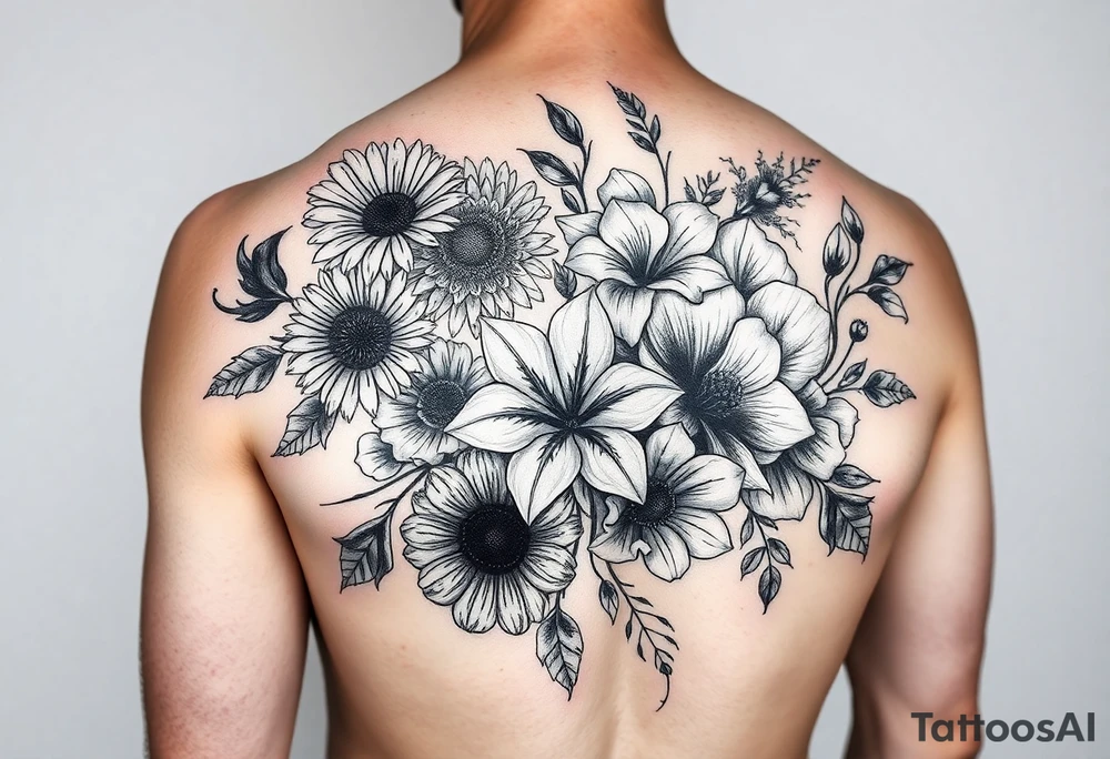 Half sleeve of Dark gothic florals with daisies, poppies,  white narcissus, sweet peas and gladiolus tattoo idea